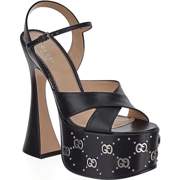 Gucci GG Embellished Black Platform sandal Silver Interlocking G Studs 38.5 - Picture 2 of 10